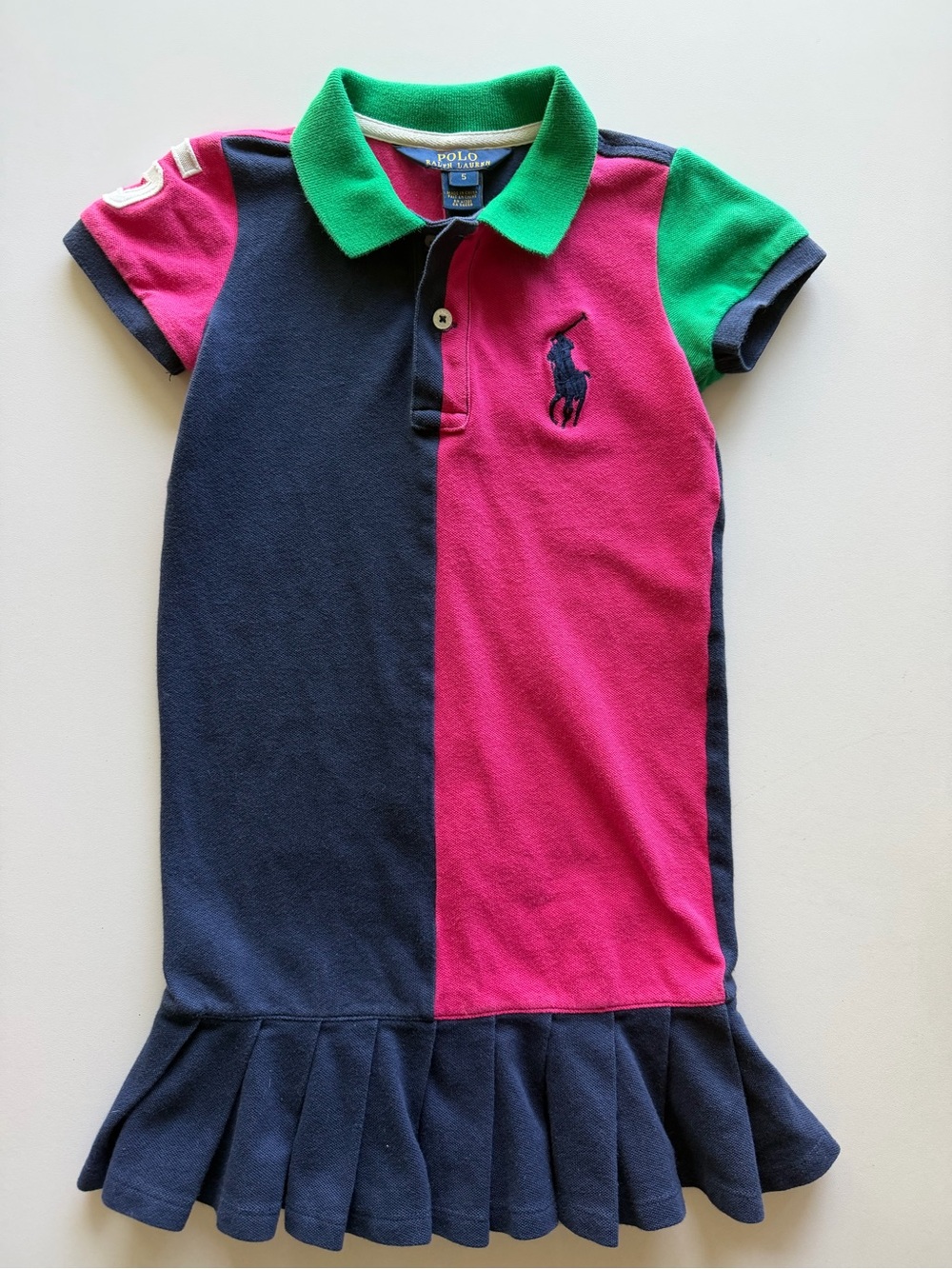Polo by Ralph Lauren Girls Colorblock Polo Dress in Navy, Bright Pink & Green